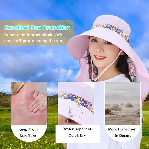 Women Wide Brim Face Mask Sun Hat Detachable Neck Face Flap Ponytail UV Protection Visor Hat Garden Fishing Hiking in Kuwait