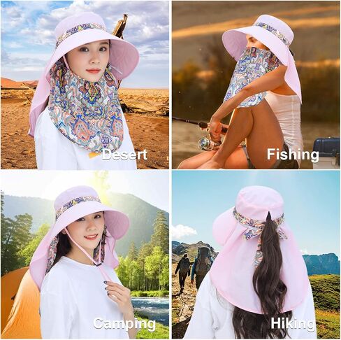 Women Wide Brim Face Mask Sun Hat Detachable Neck Face Flap Ponytail UV Protection Visor Hat Garden Fishing Hiking in Kuwait
