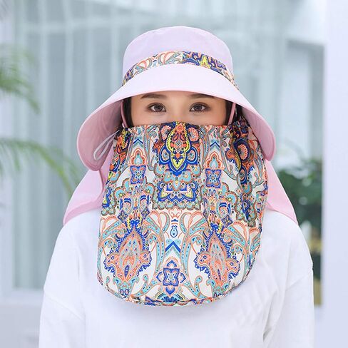 Women Wide Brim Face Mask Sun Hat Detachable Neck Face Flap Ponytail UV Protection Visor Hat Garden Fishing Hiking in Kuwait
