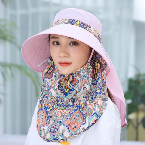 Women Wide Brim Face Mask Sun Hat Detachable Neck Face Flap Ponytail UV Protection Visor Hat Garden Fishing Hiking in Kuwait