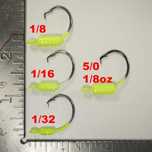 Yellowtail Snapper Weighted Circle Hook Jig - (Chartreuse) Mixed (4/0 - 1/32, 1/16, 1/8 oz & 5/0 - 1/8 oz) - 25 Pack in Saudi Arabia