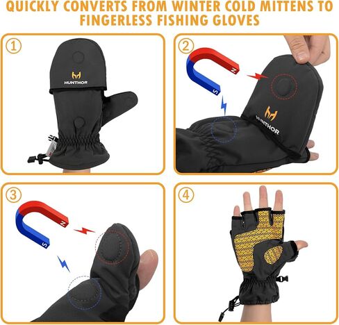 قفازات الصيد Hunthor Ice، قفازات ثينسوليت 3M قابلة للتحويل بدون أصابع، قفازات صيد للرجال والنساء مع نسيج مرن، مثالية للطقس البارد، وصيد الأسماك في الشتاء والتصوير الفوتوغرافي in Kuwait