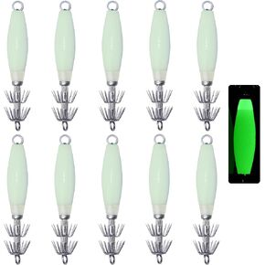 Luminous Squid Jig Hooks Kit, 10pcs Glow Squid Fishing Jigs Fluoresent Cuttlefish Sleeve Squid Jig Saltwater Hard Night Fishing Baits Octopus Lure Hooks with Tackle Box in Saudi Arabia
