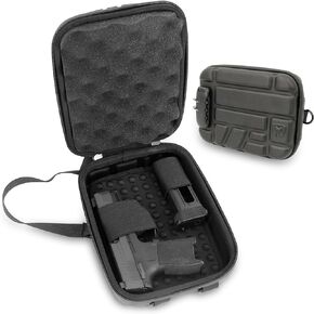 CASEMATIX Concealed Carry Locking Pistol Case Fits Compact 9mm Pistols and Extra Clip, Portable EVA Handgun Case with Foam, Carabiner Clip, Water Resistant Gun Bag and Fanny Pack Style Shoulder Strap