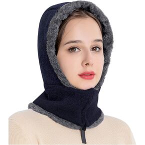 Women Girls Winter Knitted Windproof Neck Warmer Beanie Hat Thick Fleece Lining Earflap Face Covering Hoodie Cap Balaclava