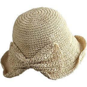 GSHLLO Women Bowknot Straw Hat Foldable Outdoor Sun Hat Summer Beach Floppy Hat UV Protection Straw Cap Sun Visor Cap Khaki