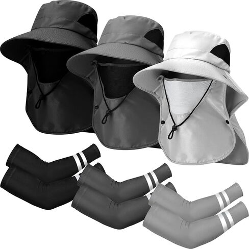 Berlune 6 Pcs Sun Hat Fishing Hats with Face Cover and Arm Sleeves UV Protection Outdoor Hiking Hat with Removable Mesh Neck Flap Cover Windproof Strap for Summer Sun Hat Gardening Fishing in Kuwait