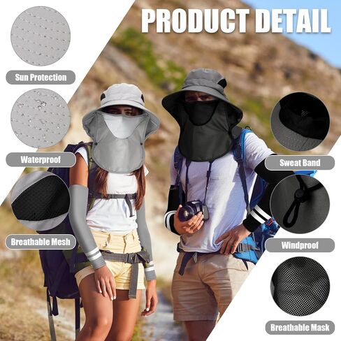Berlune 6 Pcs Sun Hat Fishing Hats with Face Cover and Arm Sleeves UV Protection Outdoor Hiking Hat with Removable Mesh Neck Flap Cover Windproof Strap for Summer Sun Hat Gardening Fishing in Kuwait
