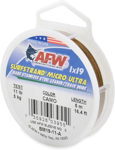 سلك الصيد الأمريكي Surfstrand Micro Ultra Bare 1x19 سلك زعيم من الفولاذ المقاوم للصدأ - خط قائد الصيد للمياه المالحة، اختبار 6.6 رطل - اختبار 61 رطل، لون مموه، طول 5 متر in Kuwait