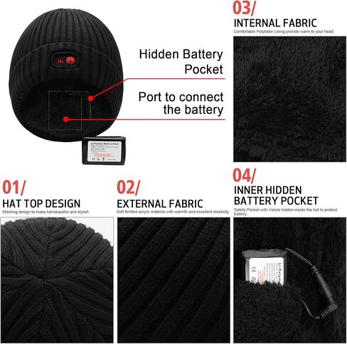 قبعة حرارية كهربائية قابلة لاعادة الشحن 7.4 فولت للشتاء مقاومة للرياح وجيدة التهوية، مقاس واحد، لون اسود in Kuwait