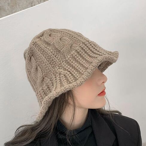 Minache Women Girls Winter Warm Bucket Hat Solid Color Beanie Hat Chunky Cable Knit Hats Foldable Floppy Knitted Cap in Saudi Arabia