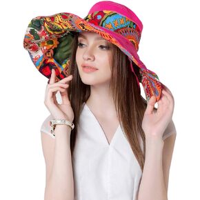 Womens Summer Sunblock Cap Large Brim Bohemian Floral Reversible Bucket Hat Folding Portable Outdoor Travel Beach Visor Cap