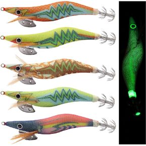 Squid Jigs Saltwater Fishing Lures Glow Squid Jig Shrimp Prawn Lures for Cuttlefish Octopus Fishing Luminous Squid Jig Hooks Artificial Squid Lures Kit 2.5 3 Inch