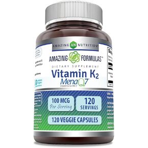 Amazing Formulas Vitamin K2 Menaq7 MK7 100Mcg Veggie Capsules Supplement | Non-GMO | Gluten Free | Made in USA | Suitable for Vegetarians (120 Count)
