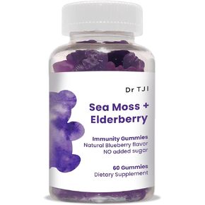 OMEO Dr. TJI Elderberry Sea Moss Gummies، سمبوكوس عضوي، فيتامين C والزنك، علكات دعم المناعة ومكملات الغدة الدرقية، علكات طحالب البحر للبالغين والأطفال، 60 قطعة علكات مناعة in Kuwait