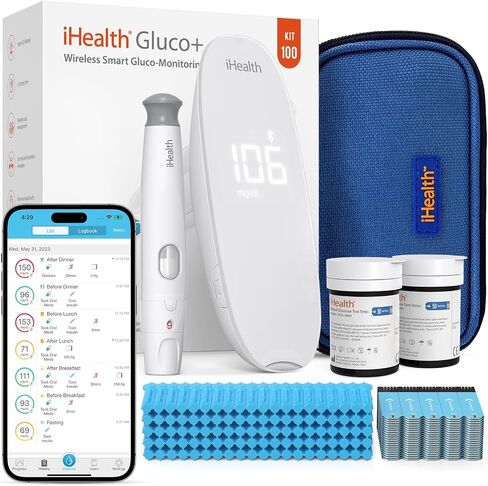 مجموعة أدوات مراقبة نسبة الجلوكوز في الدم الذكية اللاسلكية iHealth Gluco+ مع تطبيق مجاني، 10 شرائط لقياس نسبة السكر في الدم، 10 مشارط، جهاز مراقبة نسبة السكر في الدم، جهاز وخز واحد، مجموعة اختبار مرض السكري المحمولة للاستخدام المنزلي in Kuwait