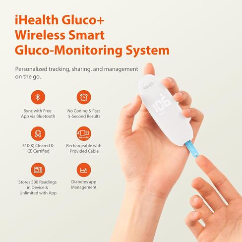 مجموعة أدوات مراقبة نسبة الجلوكوز في الدم الذكية اللاسلكية iHealth Gluco+ مع تطبيق مجاني، 10 شرائط لقياس نسبة السكر في الدم، 10 مشارط، جهاز مراقبة نسبة السكر في الدم، جهاز وخز واحد، مجموعة اختبار مرض السكري المحمولة للاستخدام المنزلي in Kuwait