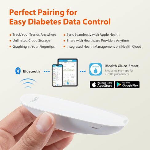 مجموعة أدوات مراقبة نسبة الجلوكوز في الدم الذكية اللاسلكية iHealth Gluco+ مع تطبيق مجاني، 10 شرائط لقياس نسبة السكر في الدم، 10 مشارط، جهاز مراقبة نسبة السكر في الدم، جهاز وخز واحد، مجموعة اختبار مرض السكري المحمولة للاستخدام المنزلي in Kuwait