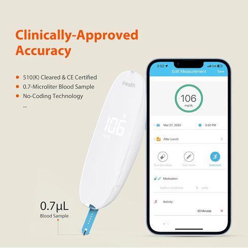 مجموعة أدوات مراقبة نسبة الجلوكوز في الدم الذكية اللاسلكية iHealth Gluco+ مع تطبيق مجاني، 10 شرائط لقياس نسبة السكر في الدم، 10 مشارط، جهاز مراقبة نسبة السكر في الدم، جهاز وخز واحد، مجموعة اختبار مرض السكري المحمولة للاستخدام المنزلي in Kuwait