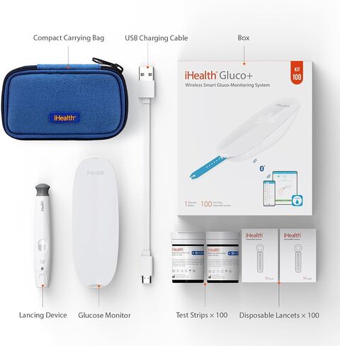 مجموعة أدوات مراقبة نسبة الجلوكوز في الدم الذكية اللاسلكية iHealth Gluco+ مع تطبيق مجاني، 10 شرائط لقياس نسبة السكر في الدم، 10 مشارط، جهاز مراقبة نسبة السكر في الدم، جهاز وخز واحد، مجموعة اختبار مرض السكري المحمولة للاستخدام المنزلي in Kuwait