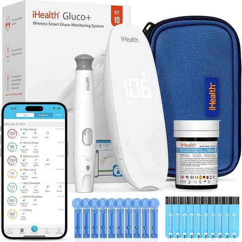 مجموعة أدوات مراقبة نسبة الجلوكوز في الدم الذكية اللاسلكية iHealth Gluco+ مع تطبيق مجاني، 10 شرائط لقياس نسبة السكر في الدم، 10 مشارط، جهاز مراقبة نسبة السكر في الدم، جهاز وخز واحد، مجموعة اختبار مرض السكري المحمولة للاستخدام المنزلي in Kuwait