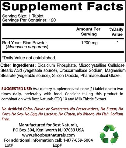 Best Naturals Red Yeast Rice Cholesterol Support 1200 mg (Non-GMO) 120 Tablets in Saudi Arabia