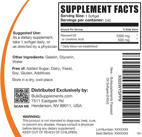 BULKSUPPLEMENTS.COM كبسولات زيت بذور الكتان - مكمل أوميغا 3، مكمل بذور الكتان، كبسولات هلامية زيت بذور الكتان 1000 مجم - حبوب زيت بذور الكتان، خالية من الغلوتين، 1 كبسولة هلامية لكل وجبة، 240 كبسولة هلامية in Saudi Arabia