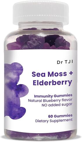 OMEO Dr. TJI Elderberry Sea Moss Gummies، سمبوكوس عضوي، فيتامين C والزنك، علكات دعم المناعة ومكملات الغدة الدرقية، علكات طحالب البحر للبالغين والأطفال، 60 قطعة علكات مناعة in Kuwait