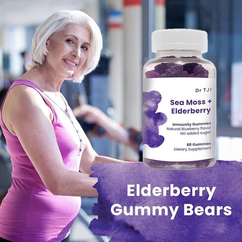 OMEO Dr. TJI Elderberry Sea Moss Gummies، سمبوكوس عضوي، فيتامين C والزنك، علكات دعم المناعة ومكملات الغدة الدرقية، علكات طحالب البحر للبالغين والأطفال، 60 قطعة علكات مناعة in Kuwait