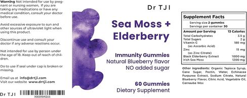 OMEO Dr. TJI Elderberry Sea Moss Gummies، سمبوكوس عضوي، فيتامين C والزنك، علكات دعم المناعة ومكملات الغدة الدرقية، علكات طحالب البحر للبالغين والأطفال، 60 قطعة علكات مناعة in Kuwait