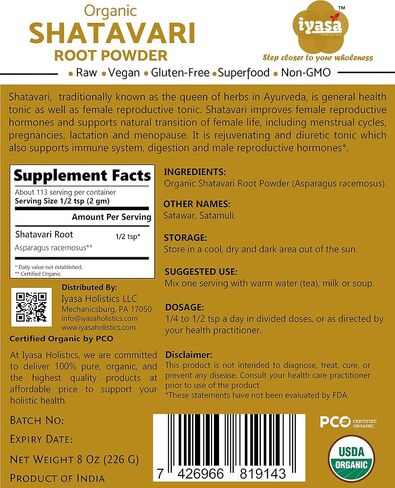 Organic Shatavari Root Powder Value Pack of 8 oz/227 Gm, Asparagus racemosus, USDA Organic Ayurveda herb, Women's Health Tonic, General Rejuvenating Tonic Resealable Pouch in Saudi Arabia