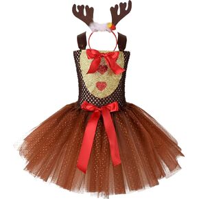 Toddler Baby Santa Claus Reindeer Fancy Dress Up Cosplay Costume Crochet Tulle Tutu Xmas Party Dress+Antlers Headband