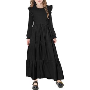 Girls Flutter Long Sleeve Casual Stretchy Tiered Flowy Maxi Fall Dress for Church 5-11 Years