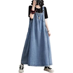 Versear Boho Women Pinafore Dress Pockets Adjustable Strap Loose Overall Dress