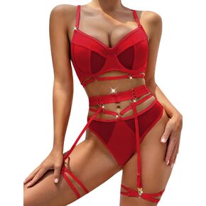 AVGAR Lingerie Set for Women 4 Piece Sexy Strappy Push Up Exotic Bra and Panty Set with Garter Belt