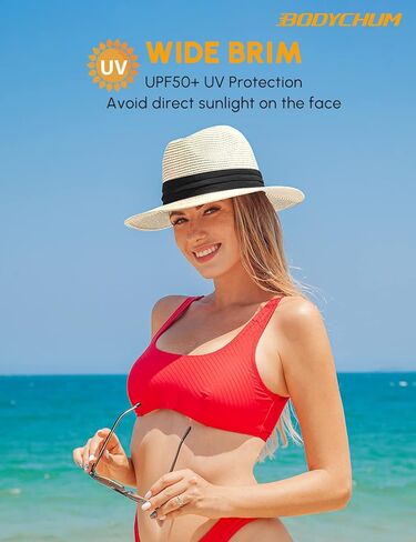 Womens Sun Straw Hat Beach Panama Hat UPF50 Foldable Packable Wide Brim Hat for Travel in Kuwait