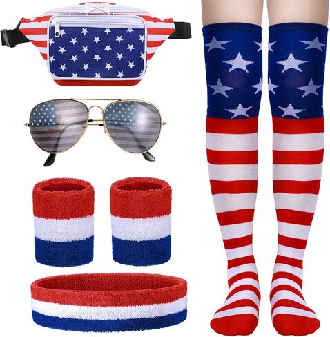 American Flag Fanny Pack Waist Bag Red White and Blue Headband Wristband Socks USA Sunglasses for Women Men Patriotic Outfits Labor Day Independence Celebration Party 4th of July Accessories in Saudi Arabia