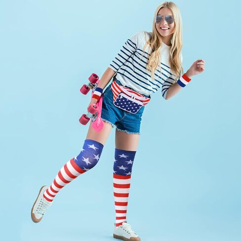 American Flag Fanny Pack Waist Bag Red White and Blue Headband Wristband Socks USA Sunglasses for Women Men Patriotic Outfits Labor Day Independence Celebration Party 4th of July Accessories in Saudi Arabia