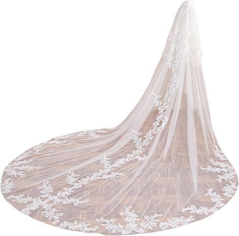 EllieWely طويل كاتدرائية طول 2 الطبقة الترتر الدانتيل الزفاف الحجاب الزفاف F08 in Kuwait