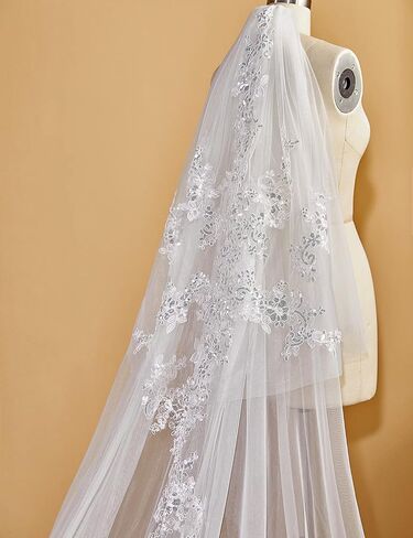 EllieWely طويل كاتدرائية طول 2 الطبقة الترتر الدانتيل الزفاف الحجاب الزفاف F08 in Kuwait