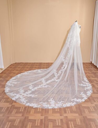 EllieWely طويل كاتدرائية طول 2 الطبقة الترتر الدانتيل الزفاف الحجاب الزفاف F08 in Kuwait