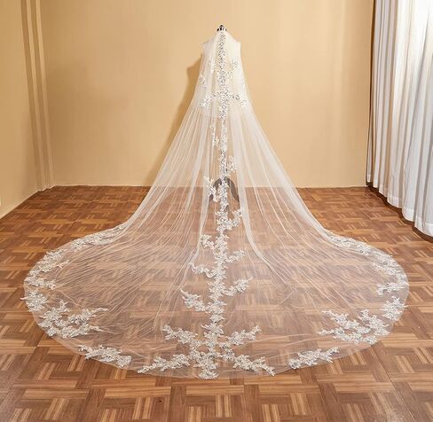 EllieWely طويل كاتدرائية طول 2 الطبقة الترتر الدانتيل الزفاف الحجاب الزفاف F08 in Kuwait