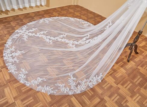 EllieWely طويل كاتدرائية طول 2 الطبقة الترتر الدانتيل الزفاف الحجاب الزفاف F08 in Kuwait