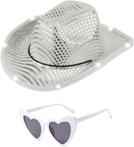White Light Up Cowgirl Hat with Glasses - Space Cowboy Hat For Women - Halloween Disco Rodeo Party Hats Costume Accessories in Kuwait