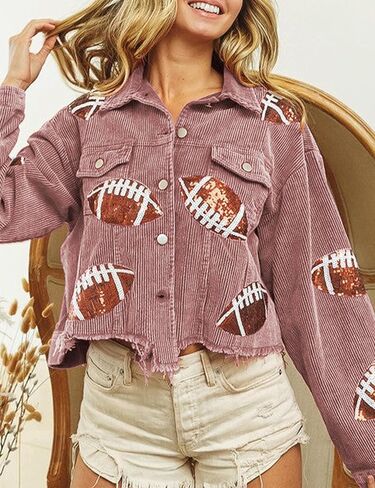 سترة Faleave النسائية المقصوصة لكرة القدم والترتر سروال قصير وأكمام طويلة معطف بحاشية خام ملابس خارجية in Kuwait