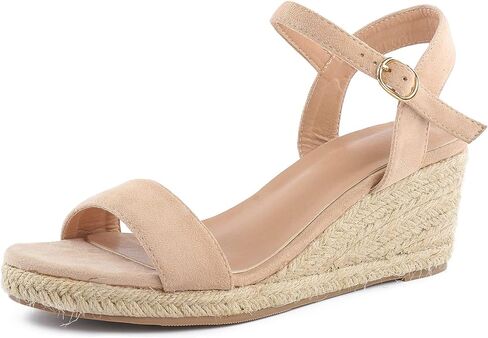 صنادل DREAMCIA Espadrilles Strappy من الجلد السويدي بكعب عريض للنساء صنادل صيفية أنيقة بحزام الكاحل بإبزيم مفتوح من الأمام in Kuwait