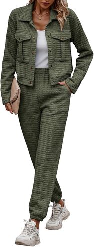 PRETTYGARDEN Womens 2023 Fall 2 Piece Outfits Tracksuit Long Sleeve Button Down Shacket Jacket Pockets Long Pants Casual Set in Saudi Arabia