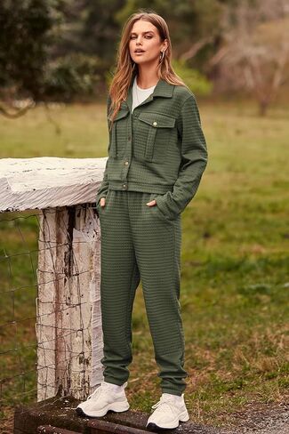 PRETTYGARDEN Womens 2023 Fall 2 Piece Outfits Tracksuit Long Sleeve Button Down Shacket Jacket Pockets Long Pants Casual Set in Saudi Arabia