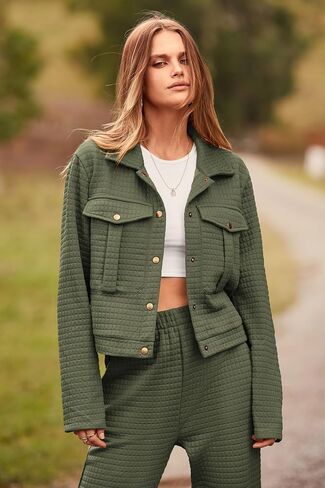 PRETTYGARDEN Womens 2023 Fall 2 Piece Outfits Tracksuit Long Sleeve Button Down Shacket Jacket Pockets Long Pants Casual Set in Saudi Arabia