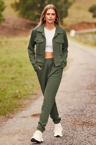 PRETTYGARDEN Womens 2023 Fall 2 Piece Outfits Tracksuit Long Sleeve Button Down Shacket Jacket Pockets Long Pants Casual Set in Saudi Arabia